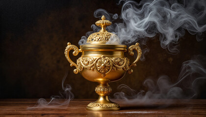 Golden censer with smoke for Theophany celebration and religious rituals, with copy space