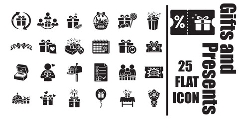 Gifts and holiday presents black flat icon set of coupons bonuses and surprise packages 