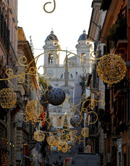 The Spanish steps in Rome Italy adorned with Christmas decorations.