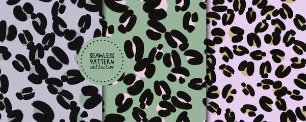 A set of seamless abstract vector patterns featuring leopard print and hand-drawn organic shapes. Trendy backgrounds for textiles, wallpaper, packaging, branding, and digital design