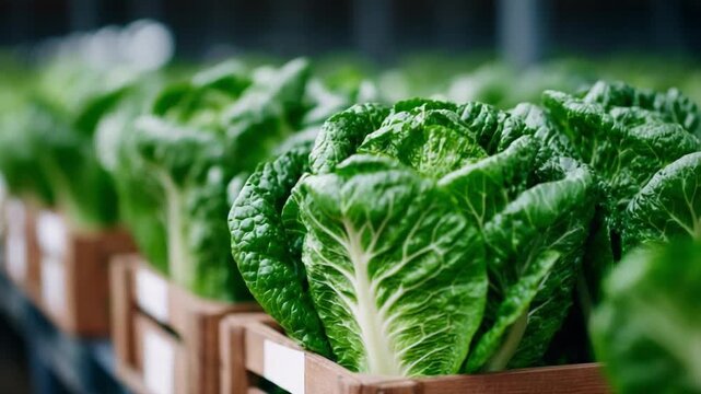 Fresh Harvest: Rows of vibrant romaine lettuce fill wooden crates, highlighting the bounty of a successful agriculture operation, brimming with freshness.
