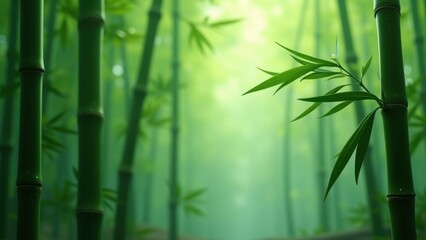 Fresh green bamboo stalks with leaves in peaceful forest, soft natural sunlight, serene asian botanical environment, tranquil zen atmosphere, concept of spa wellness sustainability