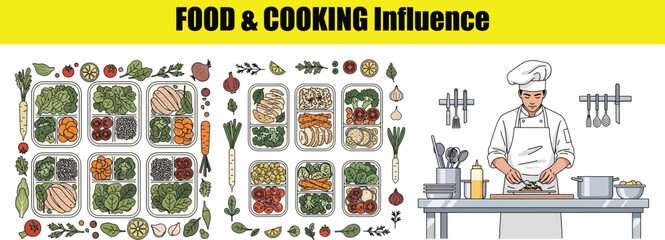 Chefs and organized meal prep containers with ingredients cooking food