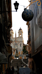 The Spanish steps in Rome Italy adorned with Christmas decorations.