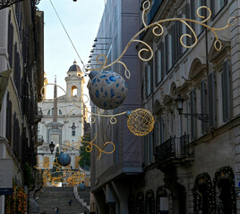 The Spanish steps in Rome Italy adorned with Christmas decorations.