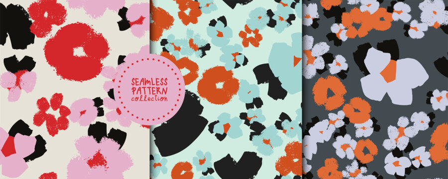 Seamless abstract floral pattern set. Modern hand painted flowers with textured brush effect. Trendy color palette. Perfect for textile, wallpaper, fabric, packaging and surface design