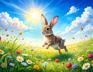 Summer watercolor illustration of a rabbit in the summer field
