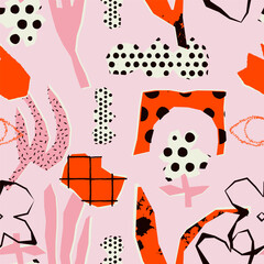 Playful seamless pattern with abstract hand-drawn hearts, floral shapes, geometric cutouts and doodle textures in pastel pink, red and white tones. Modern artistic naive-style background 
