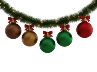 Christmas garland with colorful balls and red bows on transparent background