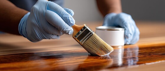 Practicing woodworking skills by applying varnish to a wooden surface while wearing gloves in an indoor workshop setting during daylight hours