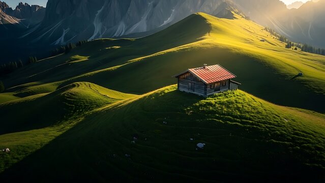 A solitary alpine hut nestled on a lush green hillside with mountains