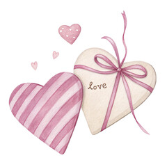 Two pink striped and patterned heart shapes with ribbon and love text
