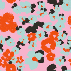 Seamless abstract floral pattern with textured painterly shapes, modern color palette, trendy design. Vector pink background