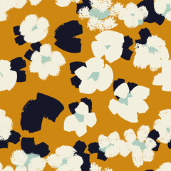 Seamless abstract floral pattern with textured painterly shapes, modern color palette, trendy design. Vector mustard 
