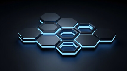 Abstract futuristic hexagonal pattern with vibrant blue glowing edges on a dark background