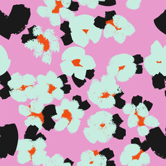 Seamless abstract floral pattern with textured painterly shapes, modern color palette, trendy design. Vector pink background