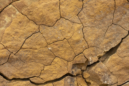 View of parched earth, a mosaic of cracks etching a sun-baked surface, revealing the arid beauty of the land, Shetpe, Mangystau Region, Kazakhstan.