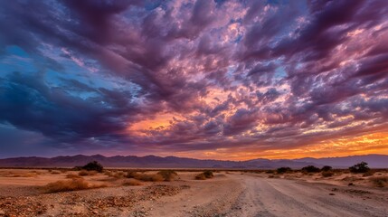 Dramatic Desert Sky at Sunset with Rugged Landscape.