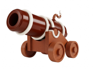Brown toy cannon with white stripes on wheels isolated on transparent background