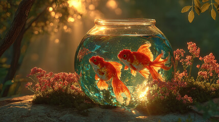 Two goldfish swimming in a bowl on a sunlit, natural outdoor setting.