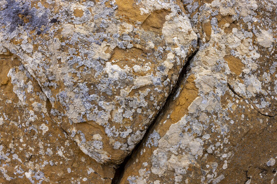 View of sun-baked rocks, their surfaces painted with patches of grey lichen, split apart by a dark crevice in Shetpe, Mangystau Region, Kazakhstan.
