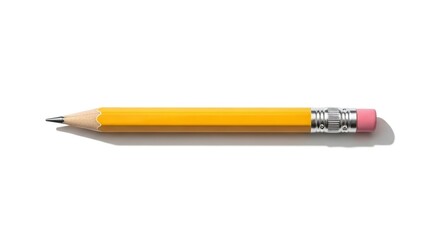 Short sharpened yellow wooden pencil with pink eraser isolated on white background for school