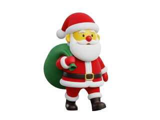 A cheerful cartoon santa claus figurine with a green sack on transparent background