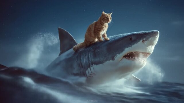 Night ocean a shark roars through dark waves as a tiny cat perches on its dorsal fin bravely now