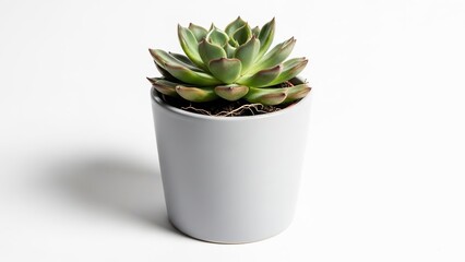 Vibrant green succulent plant in modern gray pot isolated on clean white background minimal