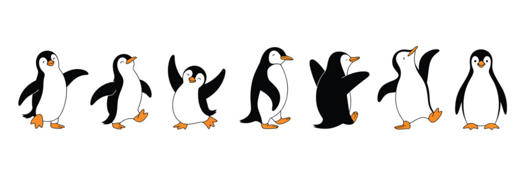 Happy penguin cartoon character set featuring cute penguins in different poses and emotions, perfect for children&rsquo;s illustrations, stickers, educational design, and playful winter-themed graphics.