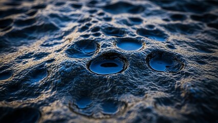 Intricate lunar-like surface with reflective blue puddles captured in a dramatic close-up shot