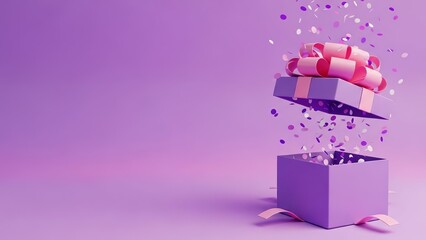 Open purple gift box with a pink bow and falling confetti, symbolizing celebration and surprise on a vibrant background