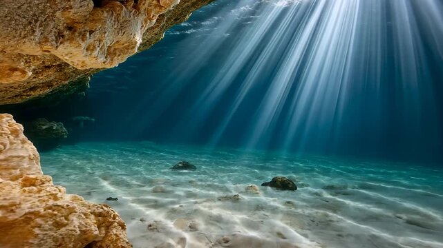Sunlit underwater cave exploration capturing serenity and beauty with shimmering rays