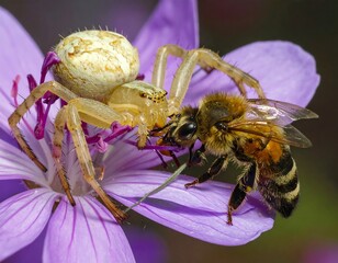 A close-up showcases a spider's predation on a bee perched atop a vibrant purple flower. The spider grasps the bee