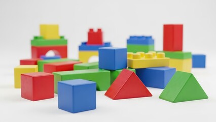 Bright colorful wooden building blocks and geometric shapes for creative play isolated on white background