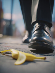 A man walking along the sidewalk with one shoe slightly raised off the ground, poised to step on a yellow banana peel. 