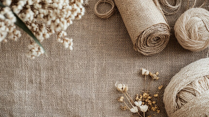 Natural Linen Fabric and Yarn Flat Lay Background
