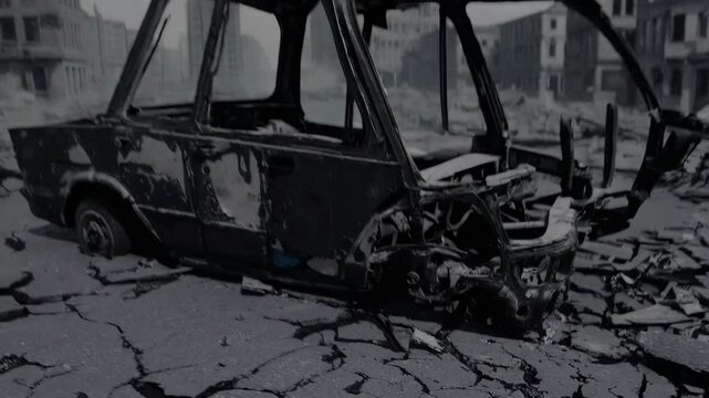 A desolate urban scene depicts the aftermath of destruction. decrepit buildings and a skeletal car frame populate the barren, cracked streets against a gray sky. smoke rises ominously, enhancing the a