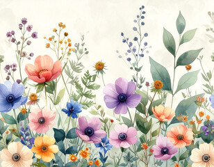 Seamless border made of watercolor wildflowers and leaves, wedding and greeting illus
