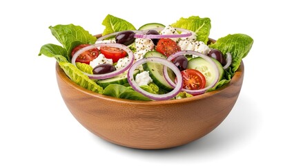 Fresh vibrant healthy Greek salad with crisp vegetables feta in wooden bowl isolated on white