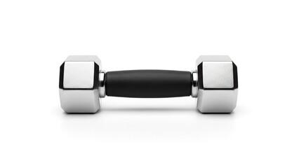 Silver chrome dumbbell with black grip for weightlifting and strength training isolated on white background
