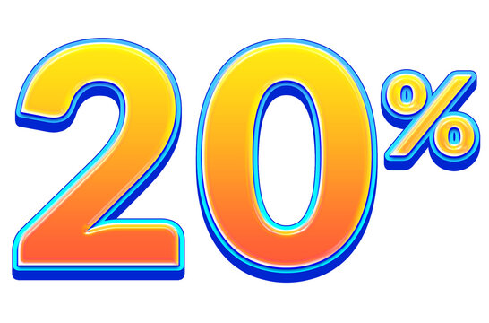 Bright yellow 20 percent discount text with blue outline bold promotion style png on transparent background