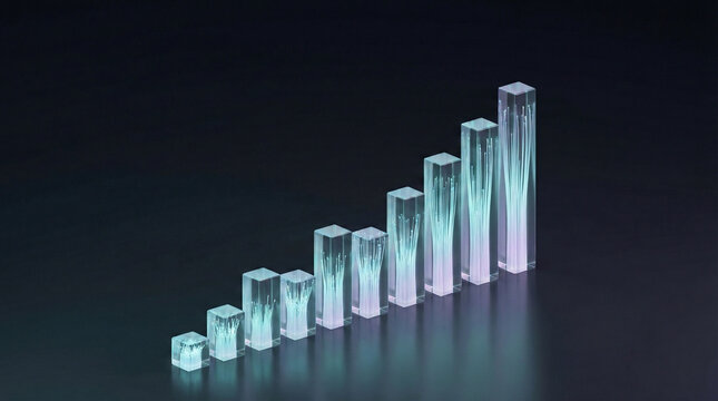 Gr&aacute;fico de crecimiento abstracto en 3D con barras de cristal y luz cian sobre fondo oscuro