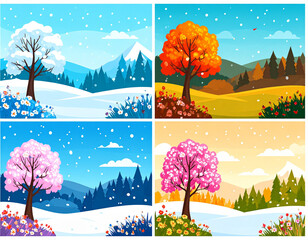 Poster set of four seasons. Winter fall summer spring. Nature scenery landscape. Tree 