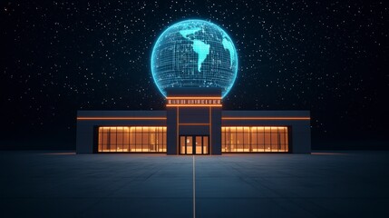 A futuristic building illuminated under a starry sky, featuring a glowing globe on top, representing global connectivity and innovation.