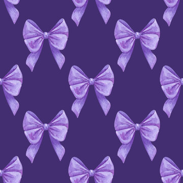 Pretty purple bow. Seamless pattern hand drawn watercolor. Knotted ribbon. Tape, rope. Decoration, decor. Illustration background for fabric and packaging.