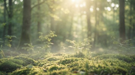 Sunlight in forest with moss ground peaceful nature background