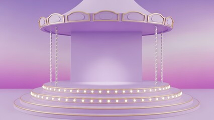 A whimsical purple carousel-themed display stage with gold accents and sparkling lights for elegant product presentation