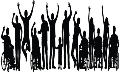 Diverse group of people silhouettes including wheelchair users celebrating together, inclusion, unity, accessibility and equality concept illustration isolated on white background