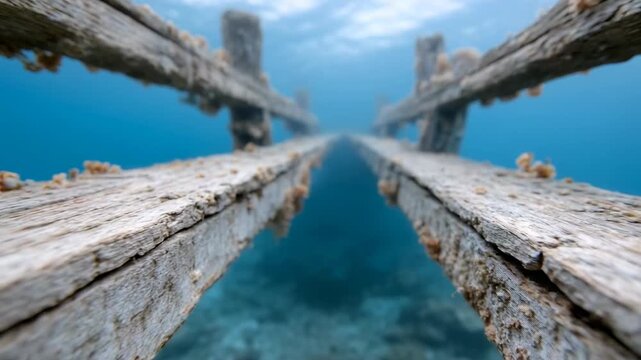 Underwater journey with fish exploring coralcovered pier structures